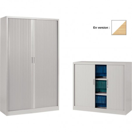 ARMOIRE À RIDEAUX MONOBLOC BASSE NF H105 L120 P43 CM CORPS BLANC/RIDEAUX CHÊNE CLAIR GAR 5 ANS