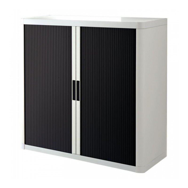 ARMOIRE À RIDEAUX PERSONNALISABLE H104 L110 P141,5 2 TABLETTES CORPS BLANC / RIDEAUX NOIR GAR 5 ANS