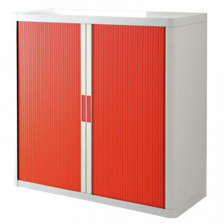 ARMOIRE À RIDEAUX PERSONNALISABLE H104 L110 P41,5  2 TABLETTES CORPS BLANC / RIDEAUX ROUGE GAR 5 ANS