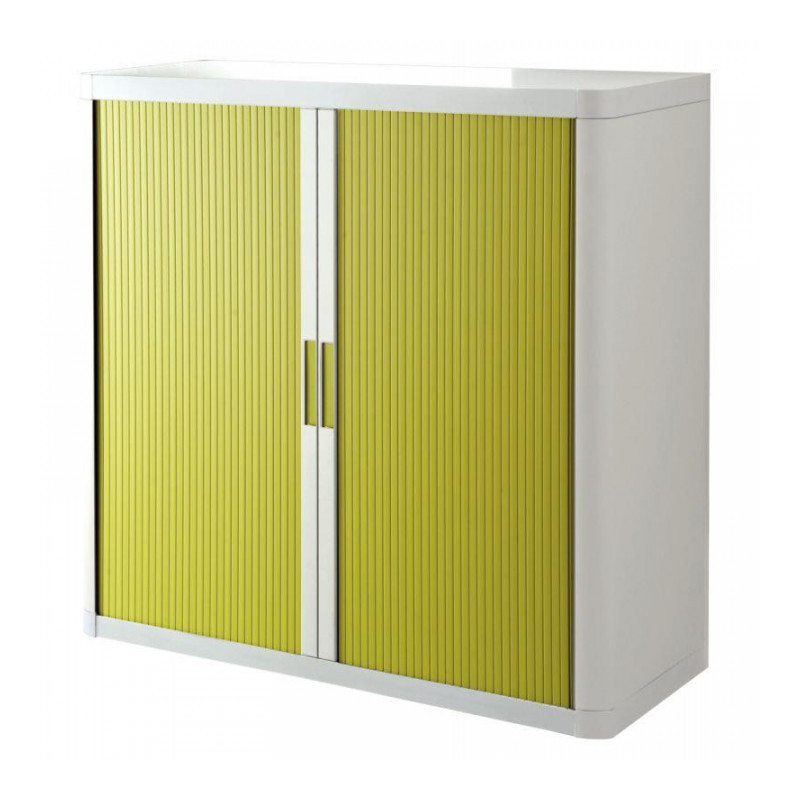 ARMOIRE À RIDEAUX  PERSONNALISABLE H104 L110 P41,5 CM 2 TABLETTES CORPS BLANC / RIDEAUX VERT GAR 5 ANS