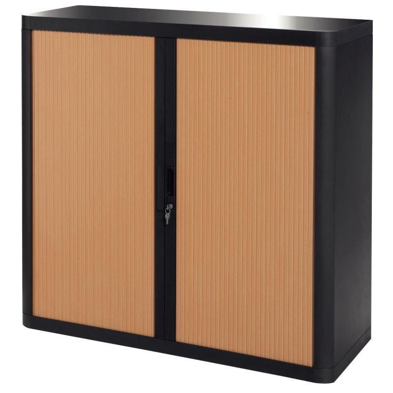 ARMOIRE À RIDEAUX PERSONNALISABLE H104 L110 P41,5 CM 2 TABLETTES CORPS NOIR / RIDEAUX HETRE GAR 5 ANS