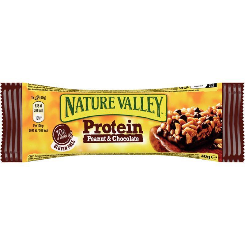 BARRE CHOCOLAT ET CACAHUETES PQT12 NATURE VALLEY  20 %  DES BESOINS QUOTIDIENS EN PROTEINES SANS GLUTENN NI AROME ARTIFICIEL NI