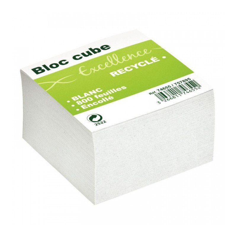 BLOC CUBE RECYCLÉ BLANC D'ENVIRON 800 FEUILLES ENCOLLÉES 9X9X9CM