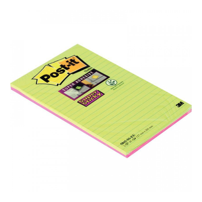 BLOC REOSITIONNABLE 127X203 LIGNEES *PQT2*NOTES SUPER STICKY 45 F.  POST IT PEFC