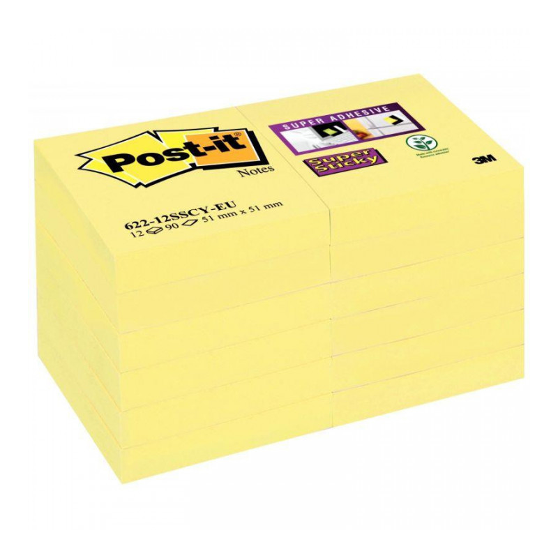 BLOC REPOSITIONNABLE 47,6X47,6 JAUNE *PQT12*90F SUPER STICKY POSTIT® BP825 PEFC NOTE