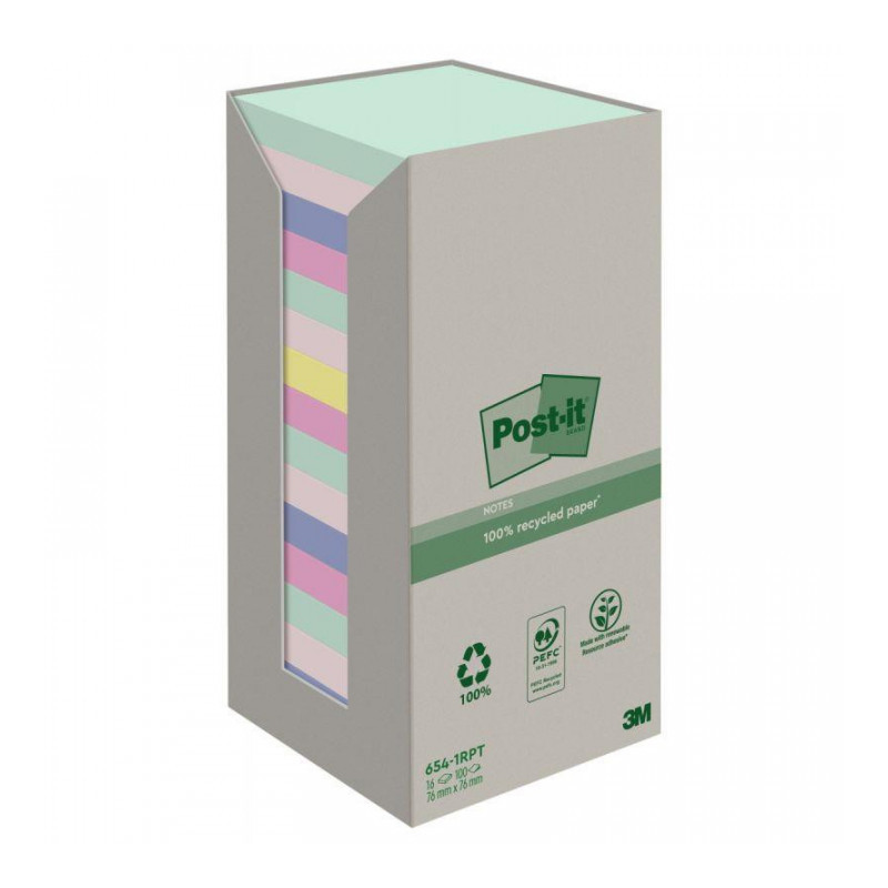 BLOC REPOSITIONNABLE 75X75  TOUR 16BLOC  POST-IT RECYC NATUR