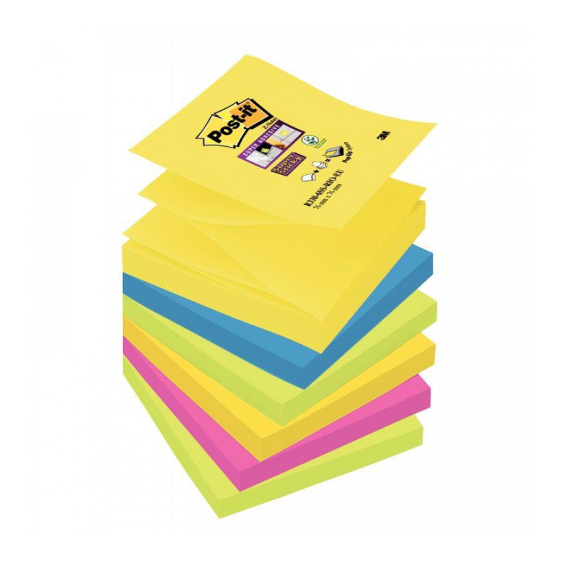 BLOC REPOSITIONNABLE 76X76 COULEUR ASS 90F PQT6 CARNAVAL  Z-NOTE POST-IT SUPER STICKY  PEFC BP886