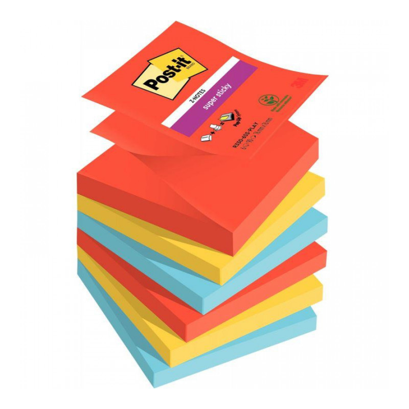 BLOC REPOSITIONNABLE 76X76 COULEUR ASS 90F PQT6 PLAYFUL  Z-NOTE POST-IT SUPER STICKY  PEFC