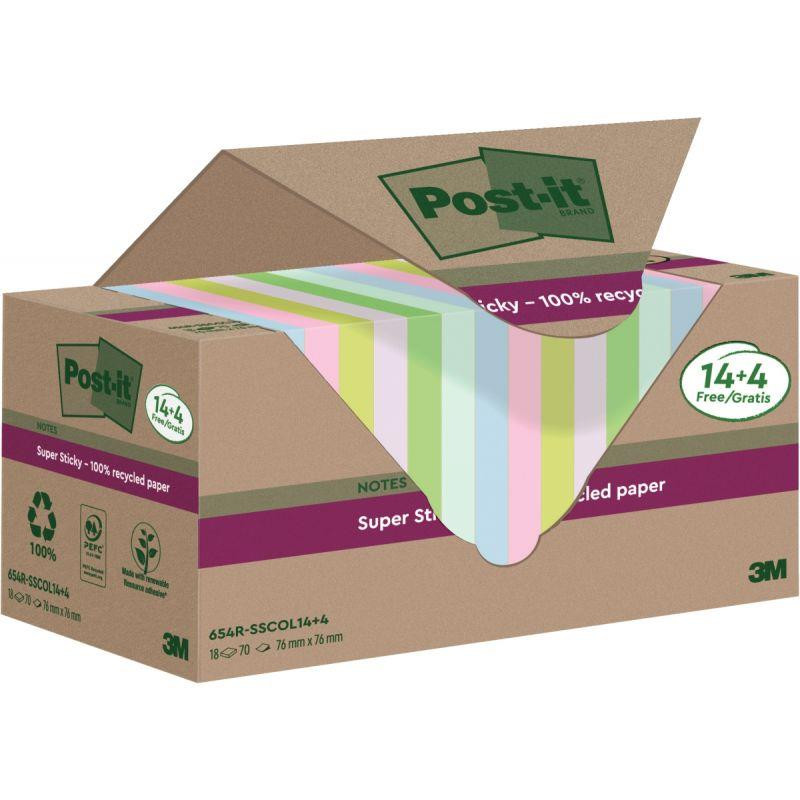 BLOC REPOSITIONNABLE 76X76 COULEURS ASS RECYCLE 100F TOUR 14+4 OFFERTS SUPER STICKY POST-IT