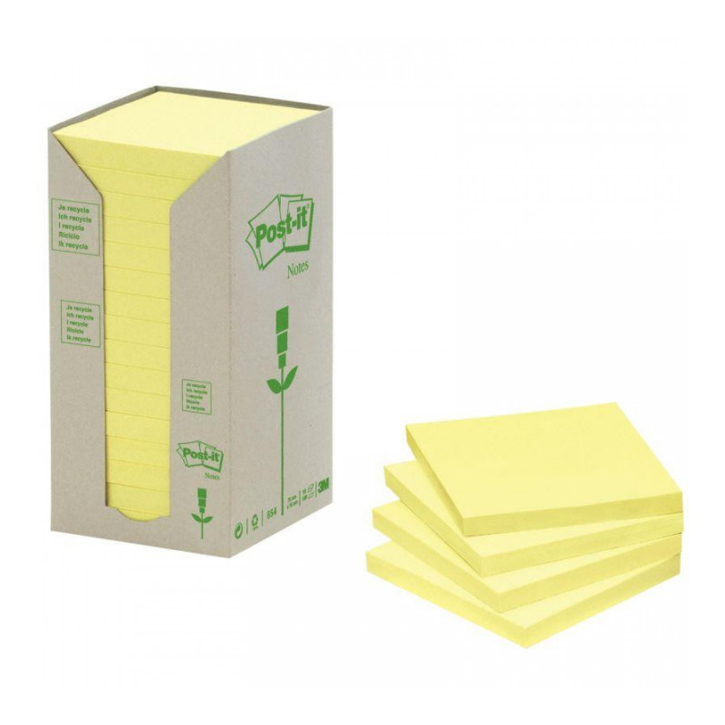 BLOC REPOSITIONNABLE 76X76 JAUNE 100F TOUR 16  S  POST-IT RECYCLÉES