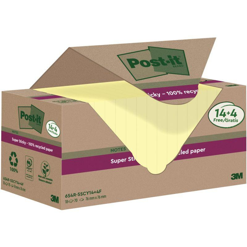 BLOC REPOSITIONNABLE 76X76 JAUNE RECYCLE 100F TOUR 14+4 OFFERTS SUPER STICKY POST-IT