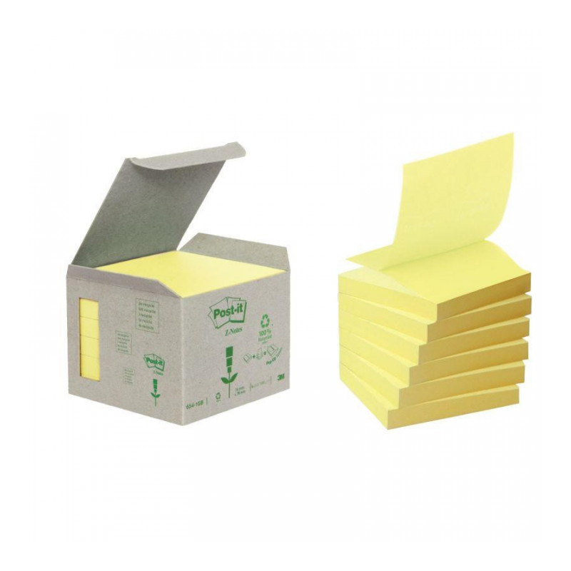 BLOC REPOSITIONNABLE 76X76 JAUNE RECYCLE Z NOTE PQT6 100F  POST-IT