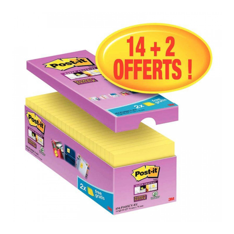 BLOC REPOSTIONNABLE 76X76 JAUNE *BTE 14+2 OFFERTS* SUPER STCIKY  DT2G PEFC POST IT NOTE