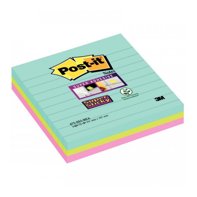 BLOC REPOTSIONNABLE 101X101 MIAM*PQT3* SUPER STICKY NOTES 70F LIGNÉES 101X101MM