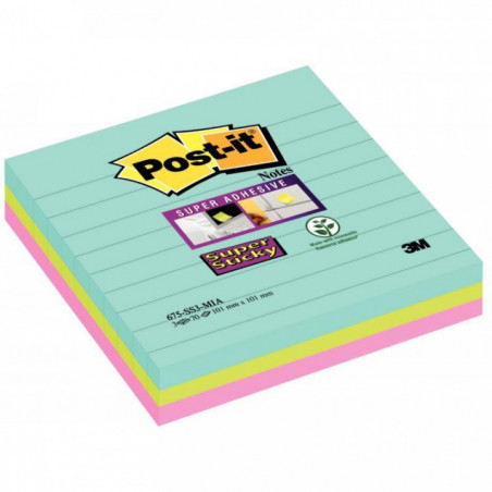 BLOC REPOTSIONNABLE 101X101 MIAM*PQT3* SUPER STICKY NOTES 70F LIGNÉES 101X101MM