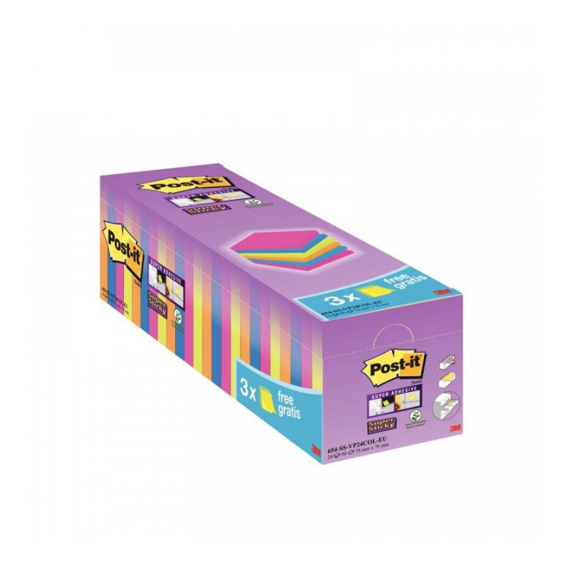 BLOCS REPOSITIONNABLES  *PQT24 dont 3 gratuits*  *BP882* SUPER STICKY POST-IT ASS. 76x76 MM