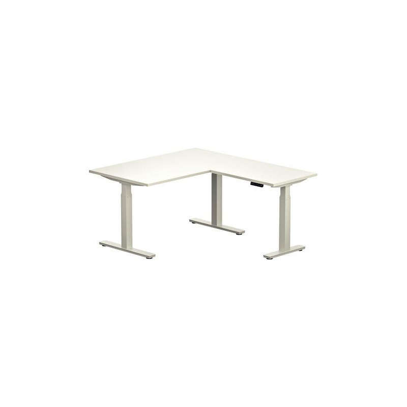 BUREAU AVEC RETOUR SLADE L160XP80CM PLAT.25MM BLANC /PIÈT.MET.BLANC regl.haut.électriq.décor traité antireflet class.au feu M3 g