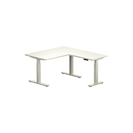 BUREAU AVEC RETOUR SLADE L160XP80CM PLAT.25MM BLANC /PIÈT.MET.BLANC regl.haut.électriq.décor traité antireflet class.au feu M3 g