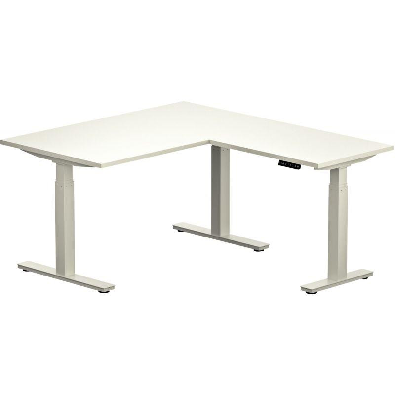 BUREAU AVEC RETOUR SLADE L180XP80CM PLAT.25MM BLANC /PIÈT.MET.BLANC regl.haut.électriq.décor traité antireflet class.au feu M3 g