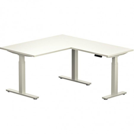 BUREAU AVEC RETOUR SLADE L180XP80CM PLAT.25MM BLANC /PIÈT.MET.BLANC regl.haut.électriq.décor traité antireflet class.au feu M3 g