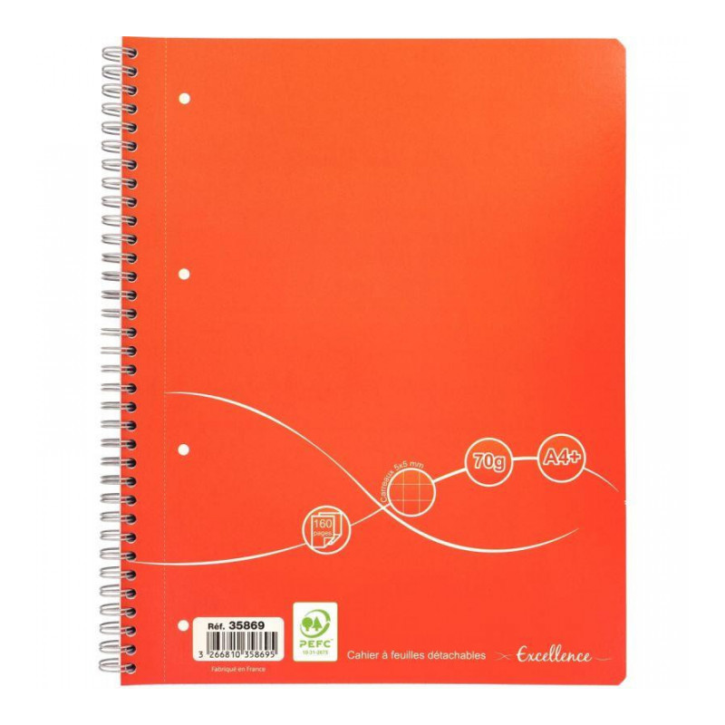 CAHIER SPIRALE A4+ 160P 5X5 70G 4 TROUS A4 DETACHE COUV CARTON PEFC ECOLABEL FAB France