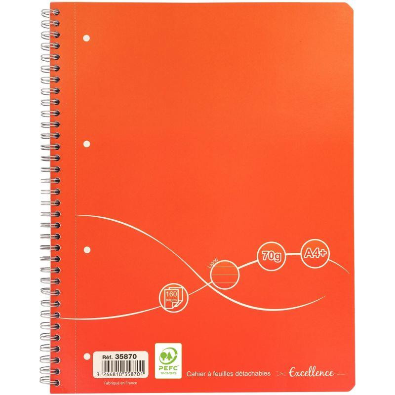 CAHIER SPIRALE A4+ 160P LIGNE 70G 4 TROUS A4 DETACHE COUV CARTON PEFC ECOLABEL FAB France