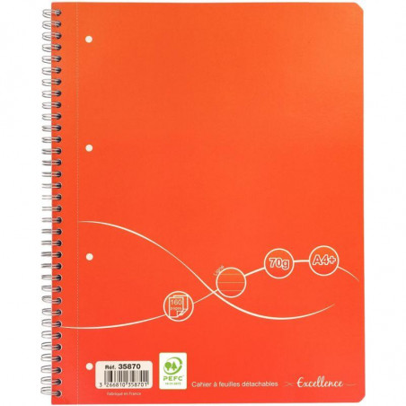 CAHIER SPIRALE A4+ 160P LIGNE 70G 4 TROUS A4 DETACHE COUV CARTON PEFC ECOLABEL FAB France