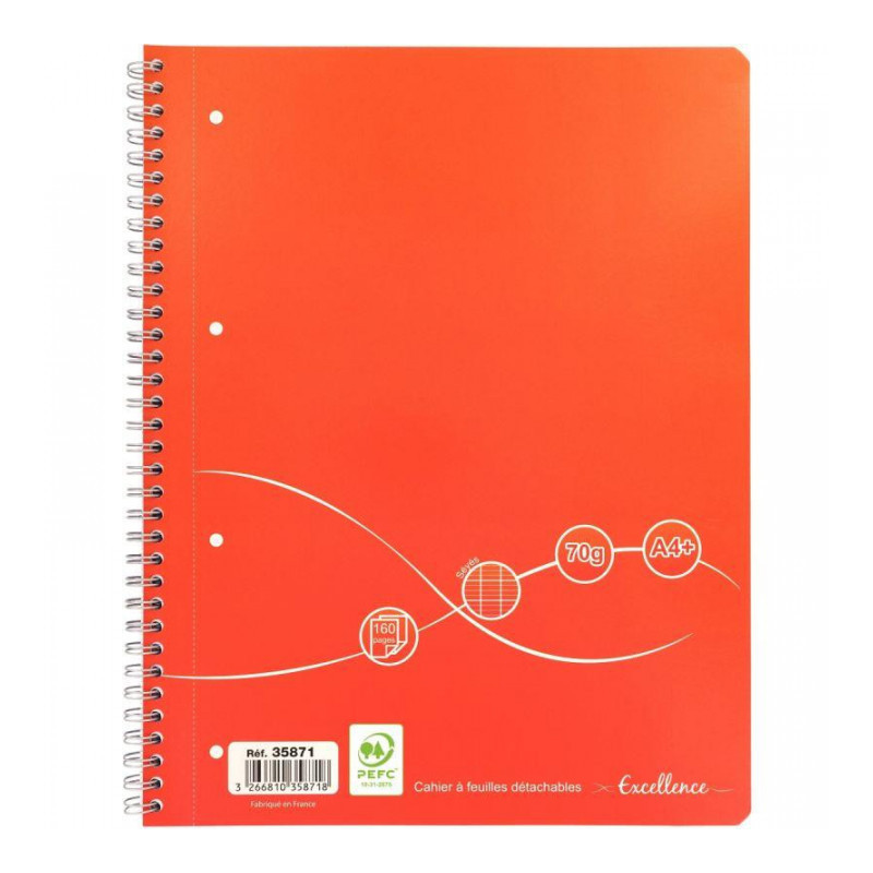 CAHIER SPIRALE A4+ 160P SEYES 70G 4 TROUS A4 DETACHE COUV CARTON PEFC ECOLABEL FAB France