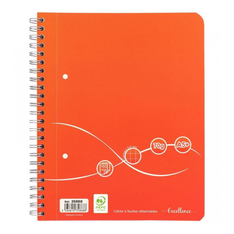 CAHIER SPIRALE A5 160P 5X5 70G 2 TROUS A4 DETACHE COUV CARTON PEFC ECOLABEL FAB France