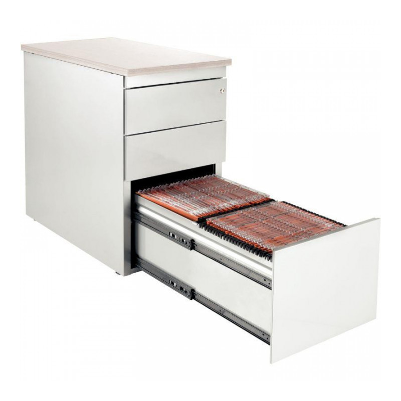 CAISSON MÉTAL  NF DESSUS MÉLAMINE 3 TIROIRS HAUTEUR BUREAU P60CM PLATEAU BLANC/CORPS BLANC GAR 5ANS