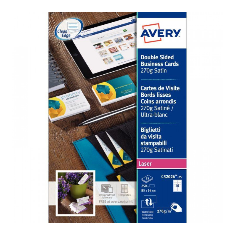 CARTES DE VISITE85X54 AVERY C32026 270G BTE 250 QUICK & CLEAN LASER BORDS LISSES