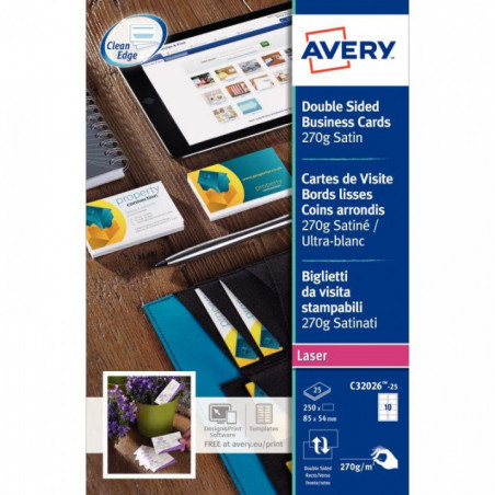 CARTES DE VISITE85X54 AVERY C32026 270G BTE 250 QUICK & CLEAN LASER BORDS LISSES