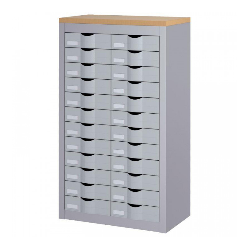 COMPTOIR 2 COLONNES 24 TIROIRS  L60,5 H106,5 P33,5 CM CORPS ALUMINIUM DESSUS DECOR HETRE