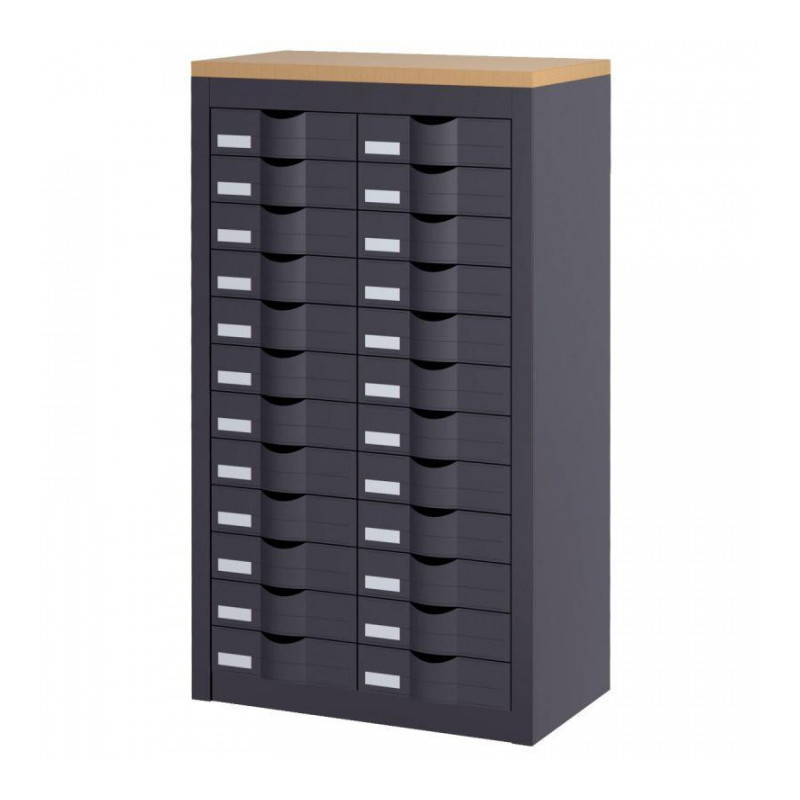 COMPTOIR 2 COLONNES 24 TIROIRS L60,5 H75 P33,5 CORPS ANTHRACITE DESSUS DECOR HETRE