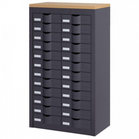 COMPTOIR 2 COLONNES 24 TIROIRS L60,5 H75 P33,5 CORPS ANTHRACITE DESSUS DECOR HETRE