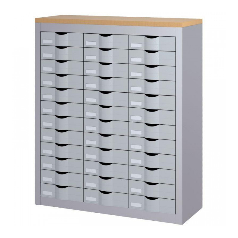 COMPTOIR 3 COLONNES 36 TIROIRS  L87 H106,5 P33,5 CORPS  ALUMINIUM DESSUS DECOR HETRE