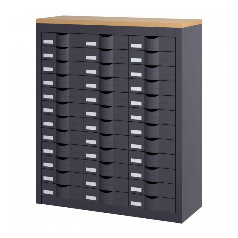 COMPTOIR 3 COLONNES 36 TIROIRS  L87 H106,5 P33,5 CORPS ANTHRACITE DESSUS DECOR HETRE