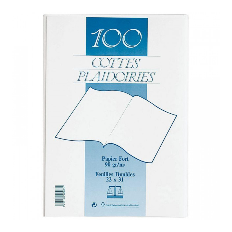 COTES PLAIDOIRIE PQT 100 FAB FRANCE  22X31CM 90G BLANC RAINEX