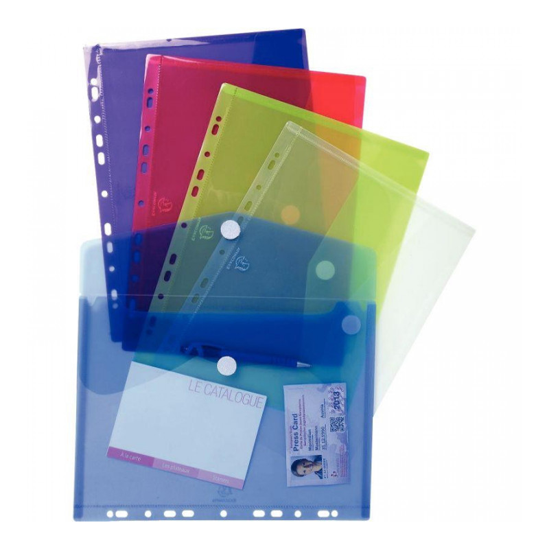 ENVELOPPE PERFOREE A4+  P/60 FEUILLES   TRANSLUCIDES   POLYPRO 20/100E  ASSORTIS *PQT 5* EXACOMPTA 24X32 FERMETURE VELCRO