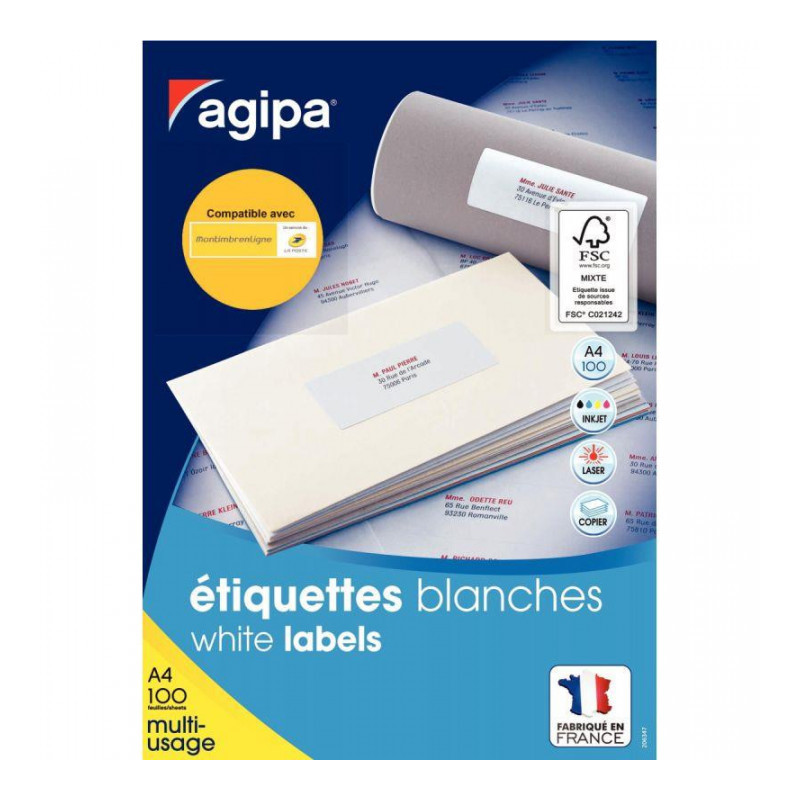 ETIQUETTE 105X57 MULTI-USAGE PLANCHE A4  BTE1000 AGIPA 119013