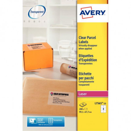 ÉTIQUETTE 99,1X67.7MM  BTE200 8P/FEUILLE TRANSPARENTES LASER AVERY L 7565-25