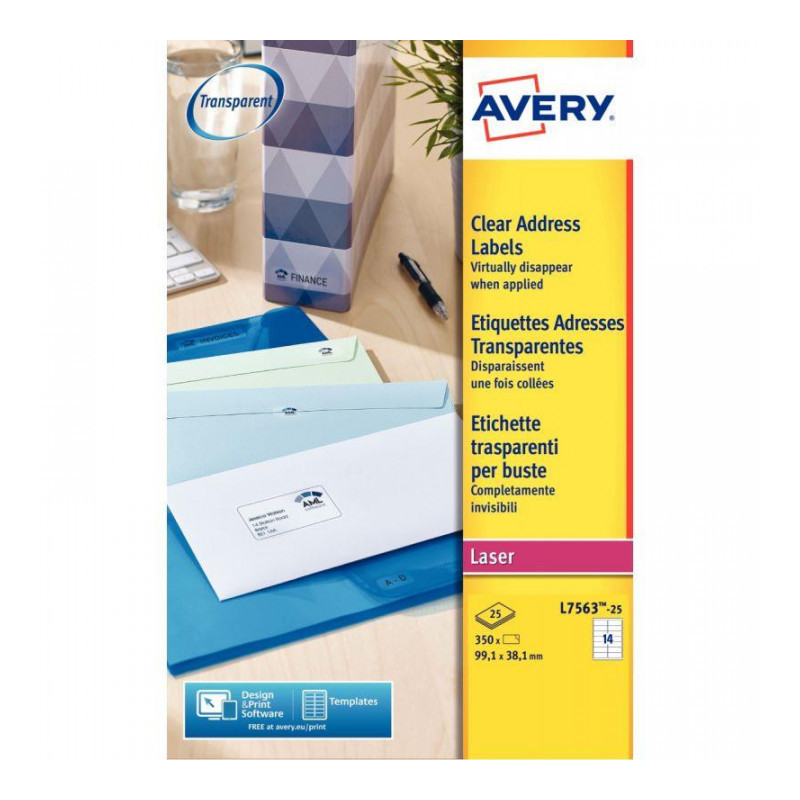 ETIQUETTE ADRESSE LASER INVISIBLE 99,1X38,1 AVERY L7563 BTE 350 SUR FEUILLE A4 A