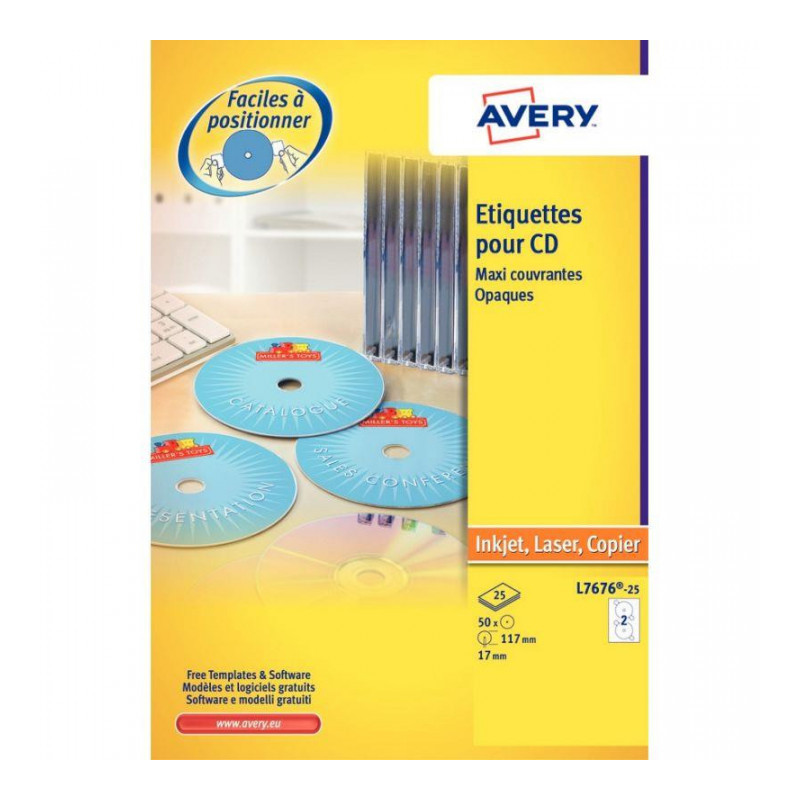 ETIQUETTE AFTERBURNER CD LASER+ AVERYL7676 BTE50 SUR FEUILLE A4 AVERY L7676-25