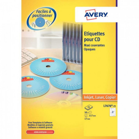 ETIQUETTE AFTERBURNER CD LASER+ AVERYL7676 BTE50 SUR FEUILLE A4 AVERY L7676-25