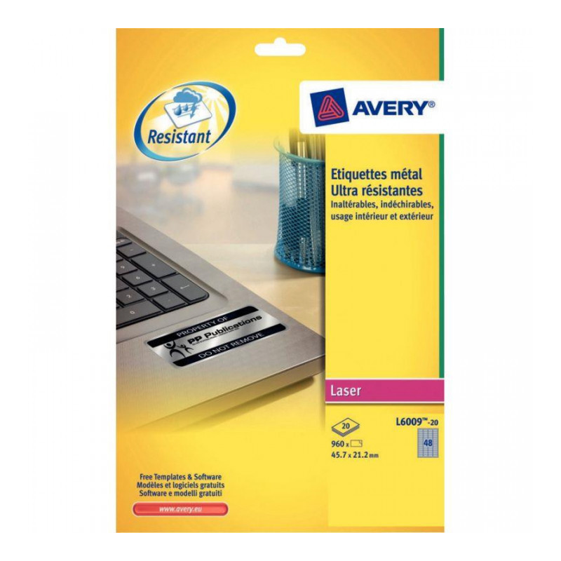 ETIQUETTE METAL LA 45,7X21,2 AVERY BTE 20 FLES - L6009 AVERY L6009-20