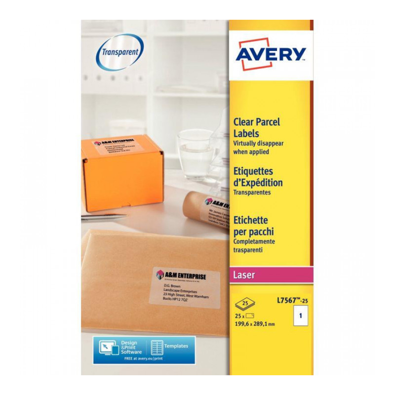 ÉTIQUETTES 297X210 *BTE25* TRANSPARENTES  AVERY L 7567-25LASER