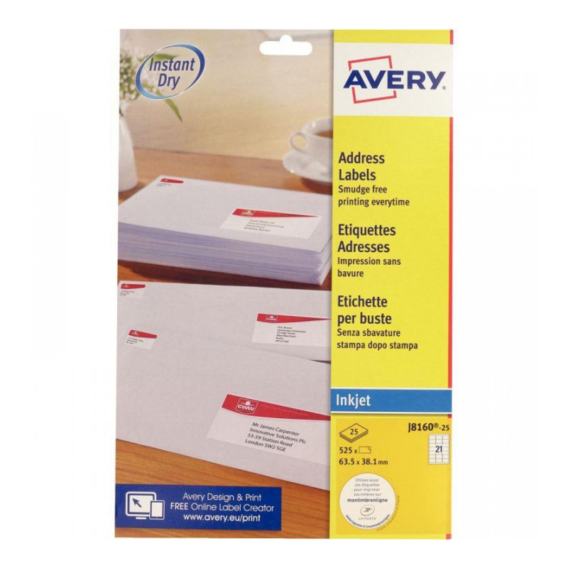 ETIQUETTES 63,5X38,1 *BTE 525*  AVERY J8160-25 JET ENCRE ARRONDIS