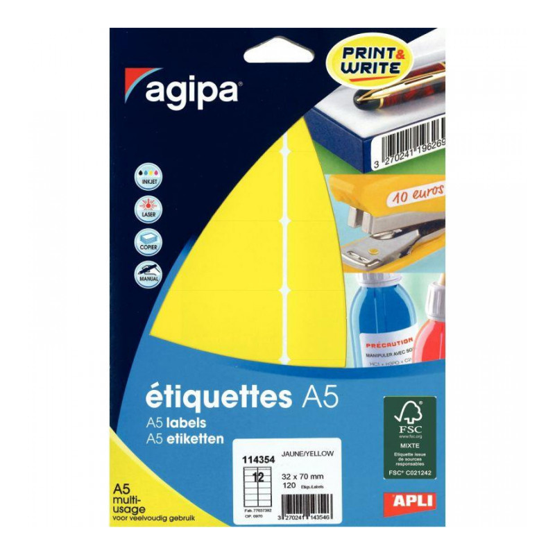 ÉTIQUETTES **ETUI DE 120** ADHÉSIVES 32X70MM JAUNE