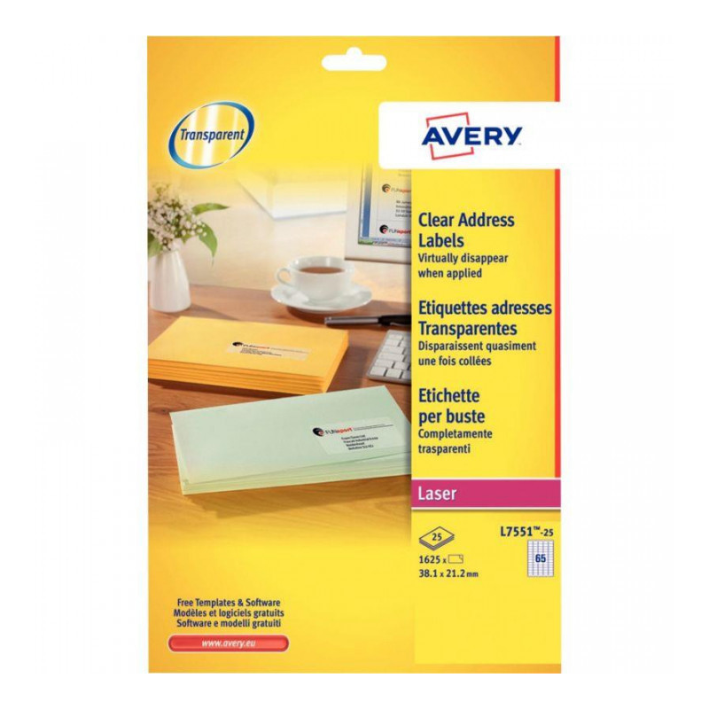 ÉTIQUETTES **ETUI DE 1625** MINI LASER TRANSPARENTES FT 38.1x21.2 AVERY L7551-25