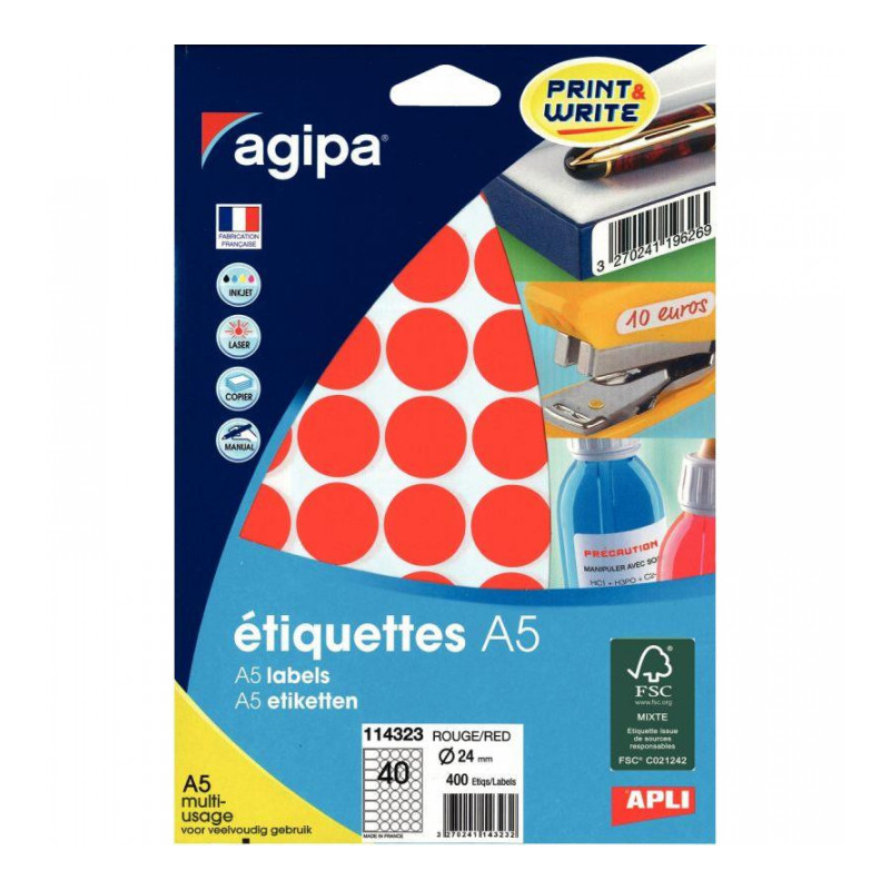 ÉTIQUETTES RONDE D 24MM ROUGE POCH. 400  AGIPA 114323 114323